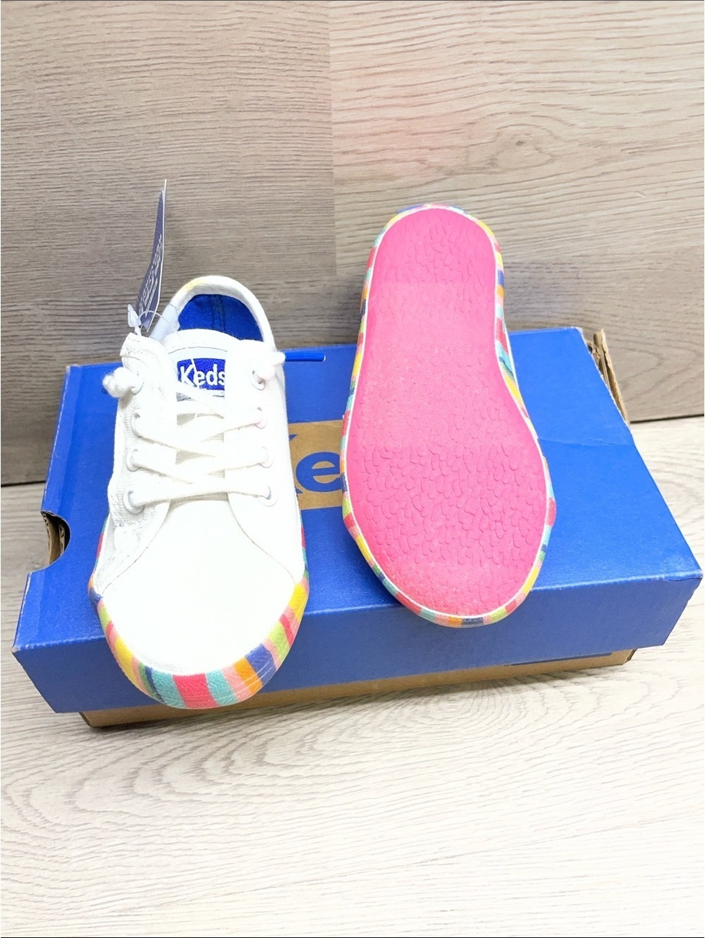 Keds Kids White Canvas Sneakers with Rainbow Stripe Trim and Pink Outsole #267
